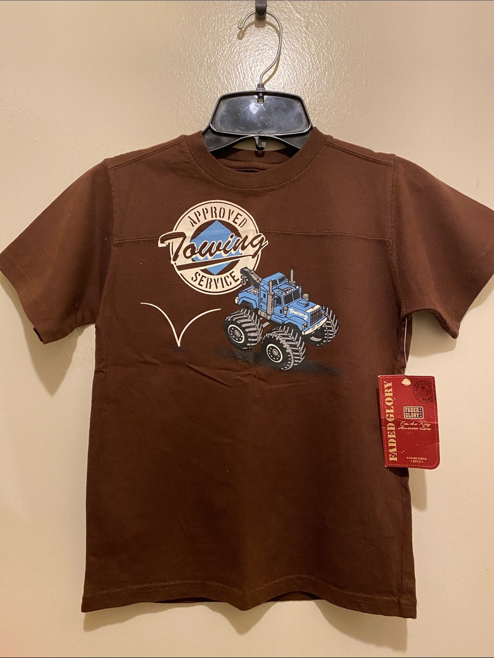 Faded Glory XS Brown Short-Sleeve Tee with Blue Monster Truck Graphic (c)